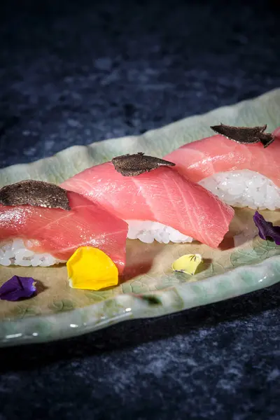 Part Ceramic Plate Sushi Made Rice Tuna Truffle Pieces — Stock Photo, Image