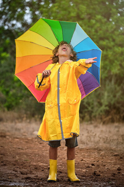 Full body of little boy in yellow raincoat and rubber boots with colorful umbrella enjoying rain in countryside