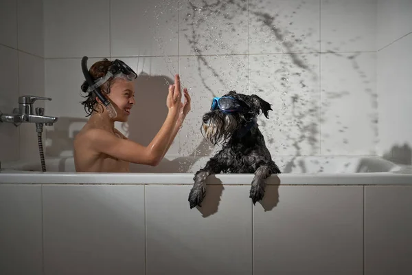 在家里 穿着潜水面罩的男孩一边在浴缸里玩水 一边带着狗戴太阳镜 这副正面的景象 — 图库照片