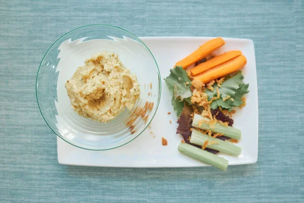 Top View Appetizing Hummus Bowl Served White Plate Celery Lettuce — Stock Photo, Image