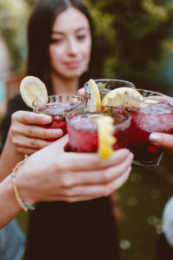 Partide kadeh tokuşturan bir grup neşeli arkadaş.