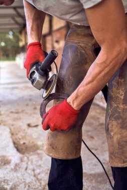 Demirci çocuk at nalı değiştiriyor. Kel kireç çekiçle at bacağı yapıyor.