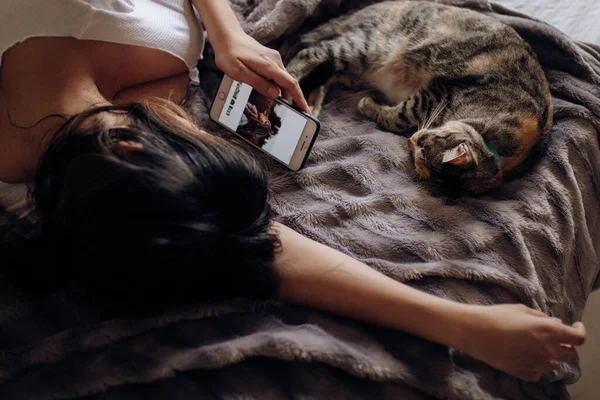 Uyuyan kedinin yanında rahat bir yatakta uzanırken akıllı telefonuna göz atan tanınmayan genç bir kadın.