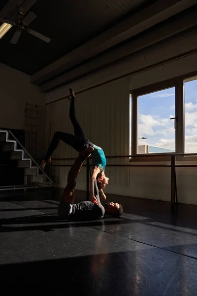 Couple Black Boy White Girl Class Doing Training Ballet Academy — Stock Photo, Image