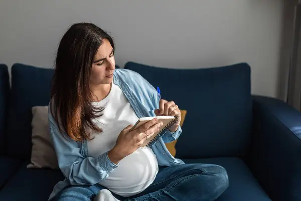 Konzentrierte Schwangere Frau Sitzt Auf Dem Sofa Und Schreibt Notizblock — Stockfoto