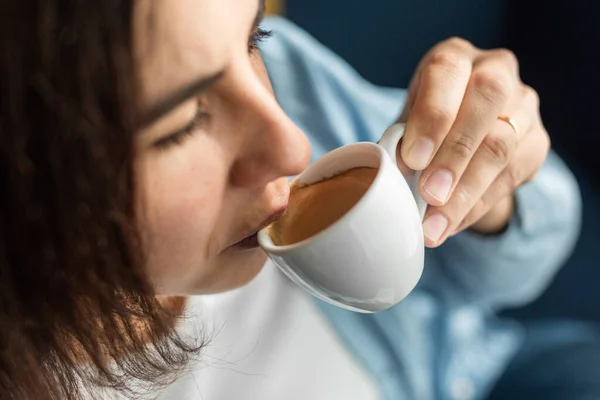 High Angle Closeup Pregnant Female Drinking Delicious Aromatic Espresso While — Stock Photo, Image