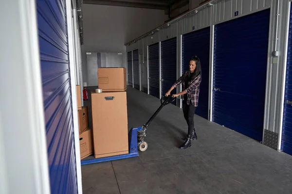 Taşınma günü boyunca bir yığın karton kutuyla kadın yuvarlanan palet parçasının tüm gövdesine bakılacak.