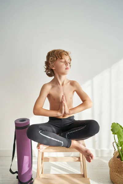 Full Body Barefoot Preteen Boy Sitting Padmasana Pose Crossed Legs — Stock Photo, Image