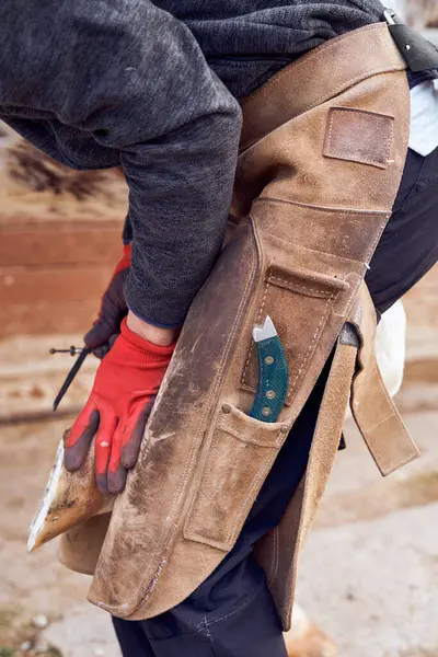 Blacksmith Boy Changing Horseshoe Leg Horse Using Bald Lime Hammer — Stock Photo, Image