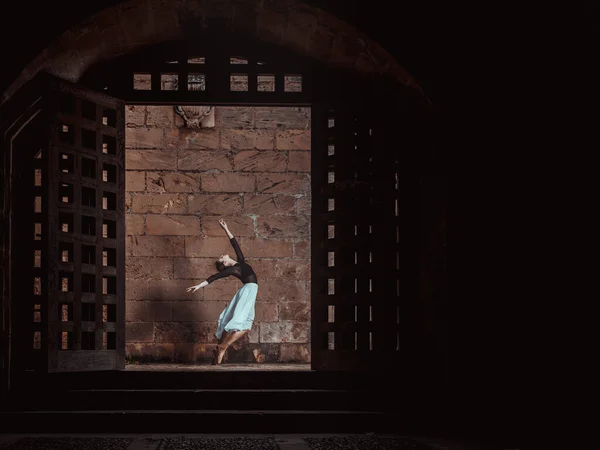 Side View Graceful Slim Ballerina Dancing Dark Hall Brick Wall — Stock Photo, Image