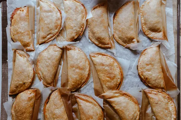Baking Tray Composed Freshly Baked Pies Patty Having Golden Crispy — Stock Photo, Image