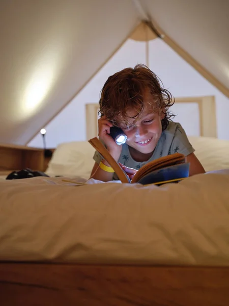 Delighted Boy Shining Flashlight Reading Interesting Book Smile Comfortable Bed — Stock Photo, Image