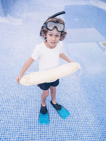 Full Length Unhappy Kid Curly Blond Hair Wearing Flippers Snorkeling — Stock Photo, Image