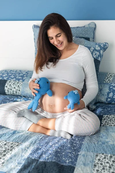 High Angle Charming Pregnant Female Sitting Soft Bed Playing Plush — Stock Photo, Image