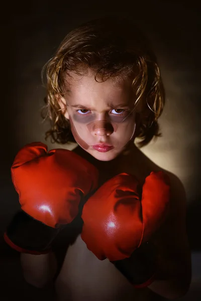 Serious Boy Bruises Band Aid Face Red Boxing Gloves Looking — Stock Photo, Image
