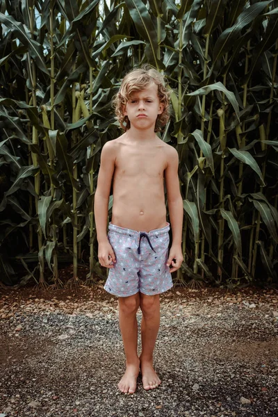 Full Body Discontent Blond Child Naked Torso Standing Background Green — Stock Photo, Image