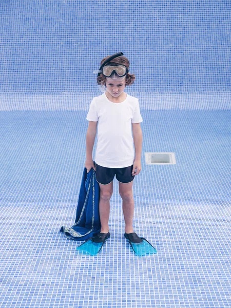 Full Length Upset Blond Haired Kid Wearing Snorkeling Mask Flippers — Stock Photo, Image