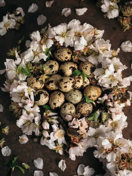 Van Boven Van Stapel Van Rauwe Kwartel Eieren Witte Bloemen — Stockfoto