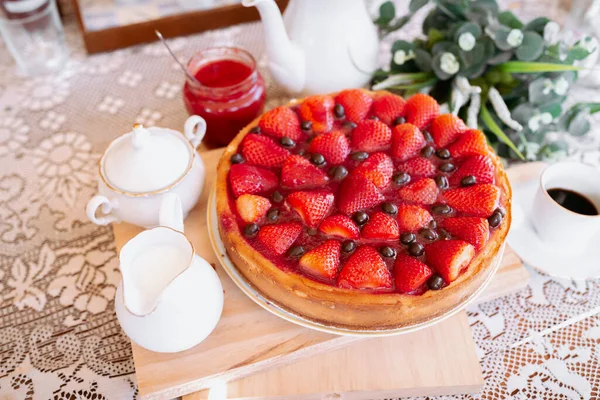 Strawberry Cake Table Coffee Milk — Stock Photo, Image