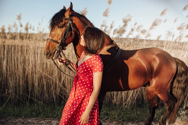 Young Female Long Red Dress Looking Horse While Standing Yard — Stock Photo, Image