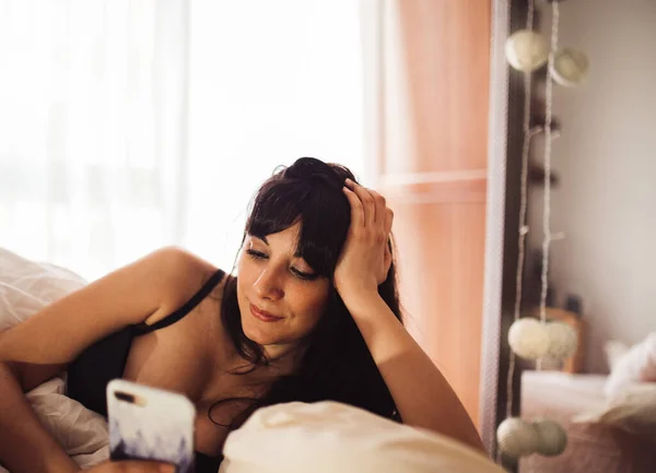 Tranquil Female Lingerie Lying Bed Blanket Browsing Mobile Phone While — Stock Photo, Image