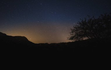 Gece boyunca açık yıldızlı gökyüzü ile kırsal dağ ve kırsal ağaçların muhteşem manzarası