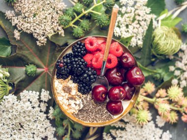 Yoğurtla kaplı bir kâse dolusu taze böğürtlen ve müsli tohumu ve bitkilerle dolu bir masa.