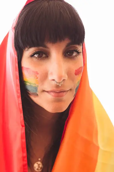 Woman Bright Scarf Lgbt Symbol Face — Stock Photo, Image