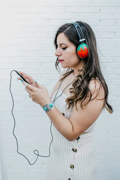 Side View Long Haired Attractive Youngster Woman Checking Play List — Stock Photo, Image