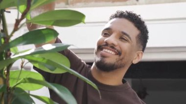 Siyah tişörtlü Afro-Amerikan erkek bahçıvan. Güneşli caddede yeşil saksı bitkisine gülümsüyor ve taze su püskürtüyor.