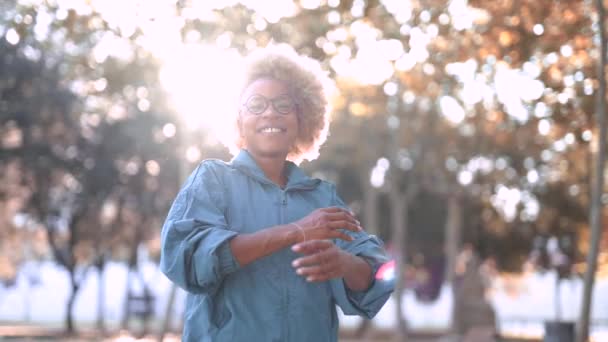 在阳光灿烂的日子里 穿着运动夹克 戴着眼镜 手挽手 站在公园里看着镜头的快乐的非洲裔美国女青年站在下面 — 图库视频影像