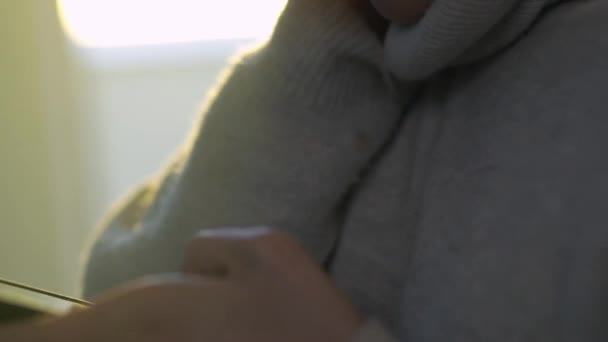 Pensiv Kvinna Varm Stickad Tröja Bläddrar Smartphone Och Står Nära — Stockvideo