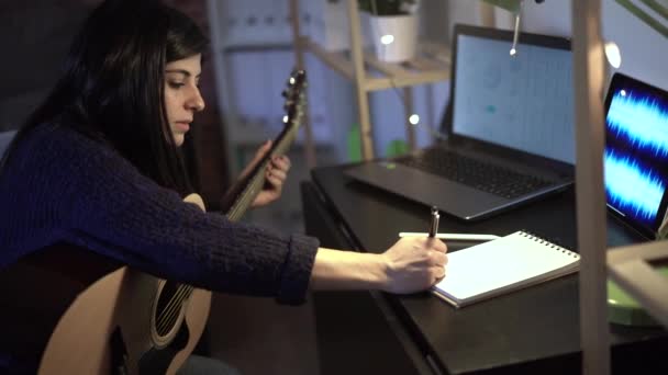 リモートワーク中にレンガの壁と部屋のラップトップでテーブルの近くに音楽を作曲しながら 女性の演奏アコースティックギターのサイドビュー — ストック動画