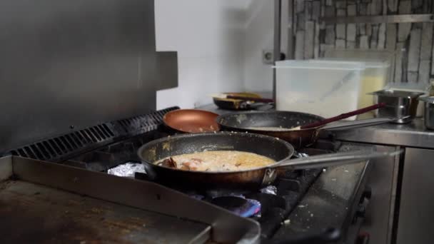 알려져 요리사 부엌에 난로에서 준비하는 식욕을 돋우는 요리의 프라이팬을 튀기고 — 비디오