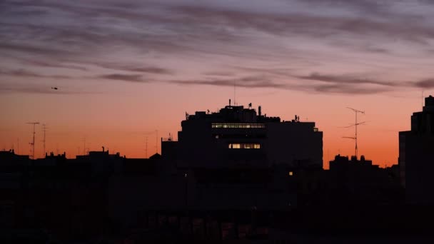 傍晚时分 城市上空明亮的落日背景下的直升机轮廓远程视图 — 图库视频影像