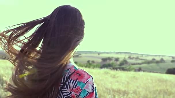 日没の現場で美しい若い女性の映像 — ストック動画