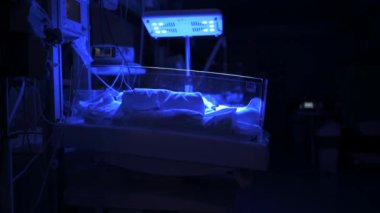 Hastanede hafif terapi için ultraviyole ışınları altında yenidoğan yoğun bakım ünitesinde bebek inkübatöründe yatan hasta küçük bebeğin yan görüntüsü