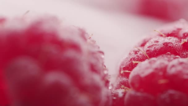 おいしい新鮮な甘い熟した赤いラズベリーのクローズアップは 遅い動きで乾燥した氷の霧で凍っています — ストック動画