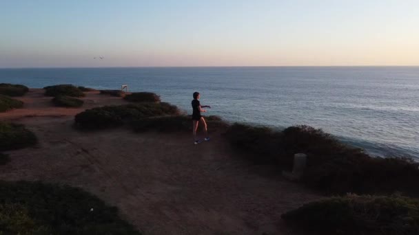 Young Female Jogger Sport Clothes Training Mountains Sunset Time Seascape — Stock Video