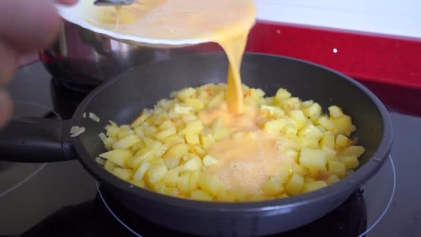 Κοντινό Πλάνο Ενός Πιάτου Χτυπημένου Αυγού Στο Τηγάνι Τις Πατάτες — Αρχείο Βίντεο