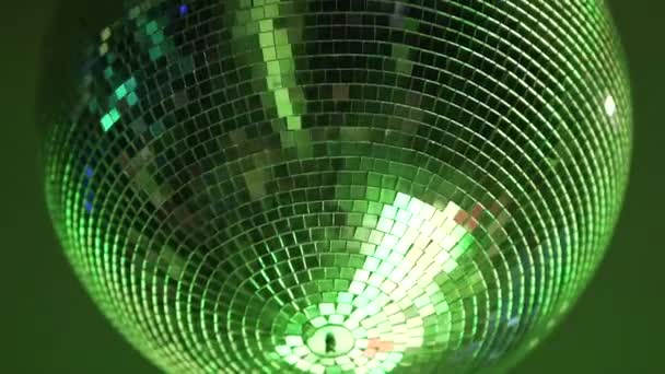Silver Disco Ball Rotating Ceiling Reflecting Colorful Neon Lights Party — Stock Video