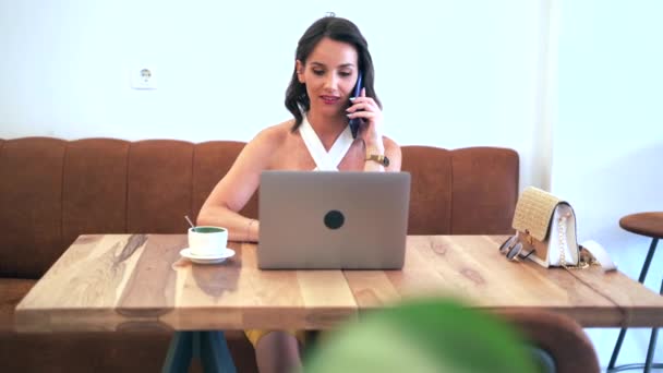 Pengusaha Perempuan Yang Mendiskusikan Proyek Bisnis Telepon Genggam Sambil Menggunakan — Stok Video