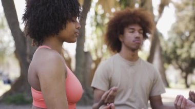 Parktaki yoga seansında meditasyon yaparken Lotus 'ta çimlerde otururken gözleri kapalı ve Mudra elleriyle poz veren, spor giyimli, rahat, genç, Afrikalı Afrikalı Amerikalı.