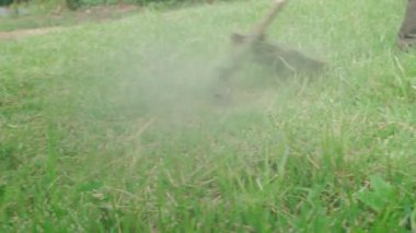 Arka bahçede çim biçen yaşlı bir adam ve göl kenarında çim biçme makinesi.