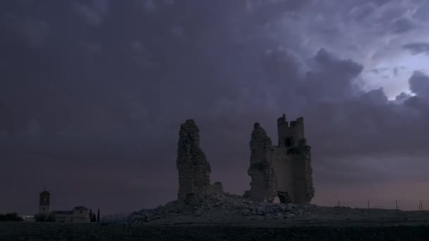 Remains Medieval Caudilla Castle Located Stormy Sky Thick Clouds Lightning — Stock Video