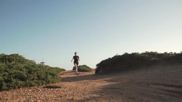 Jeune Joggeuse Vêtements Sport Entraînant Montagne Pendant Coucher Soleil Fond — Video