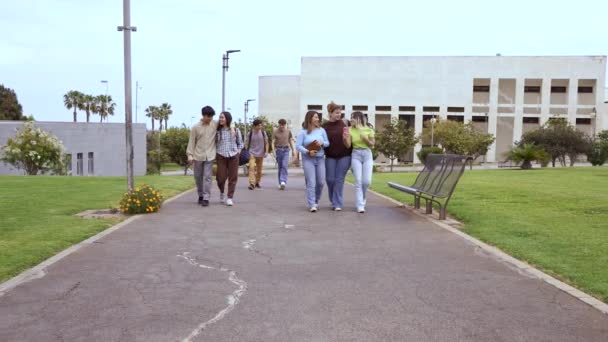 Cuerpo Completo Jóvenes Amigos Multirraciales Atuendos Casuales Caminando Por Calle — Vídeos de Stock