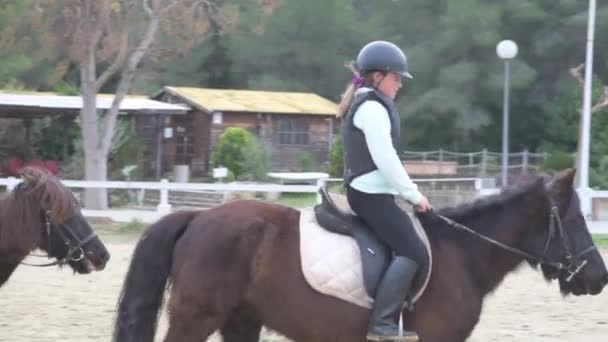 Szczęśliwy Nastolatek Dziewczyny Dżokeje Kaski Jazda Posłuszne Konie Piaszczysty Ujeżdżenie — Wideo stockowe