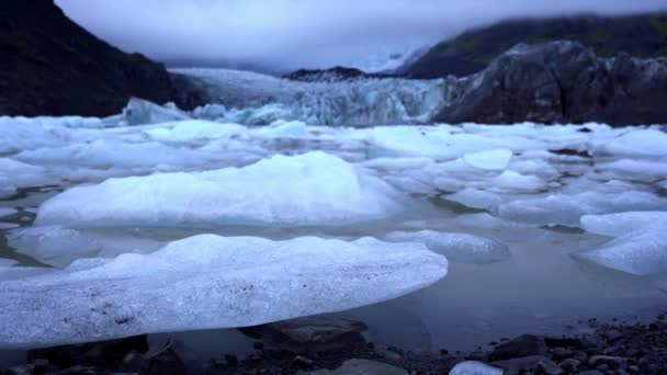 アイスランドの曇りの空の下の荒い岩の崖に囲まれた湖に浮かぶ氷のブロックの北極の風景 — ストック動画