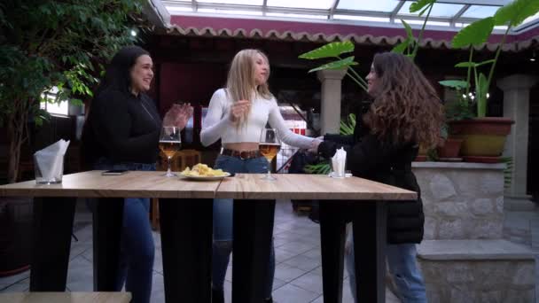 Joven Contenido Novias Beber Bebidas Alcohólicas Vasos Hablar Mesa Del — Vídeos de Stock
